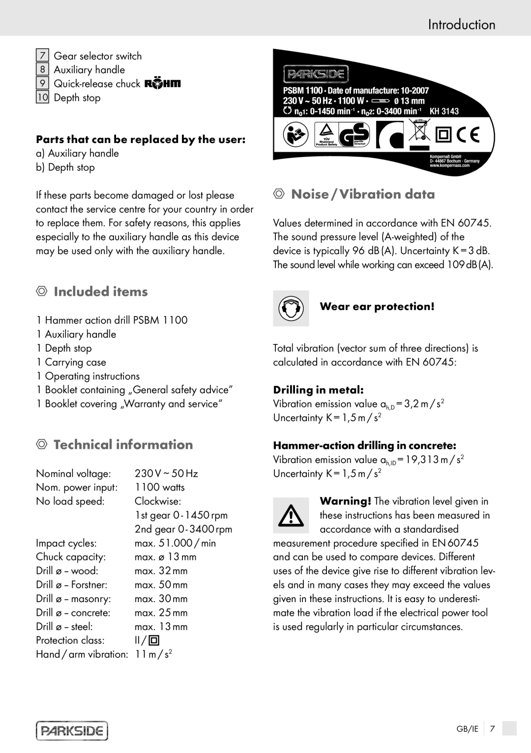 Kompernass PSBM 1100 manual Introduction , Noise / Vibration data, Included items, Technical information 